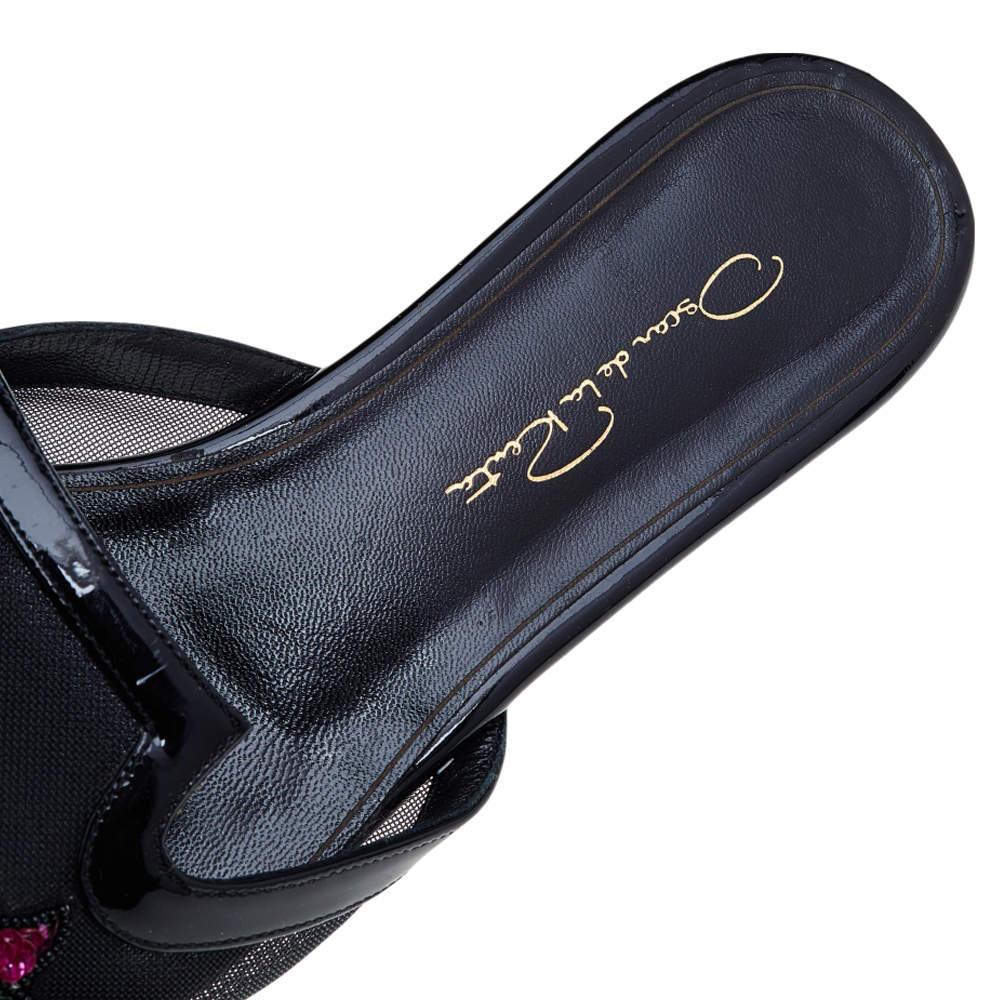 Oscar de la Renta Black Mesh And Patent Leather Embellished Flat Mules Size 37.5 For Sale 1