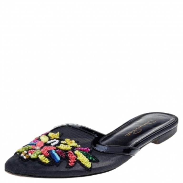 Oscar de la Renta Black Mesh And Patent Leather Embellished Flat Mules Size 37.5 2