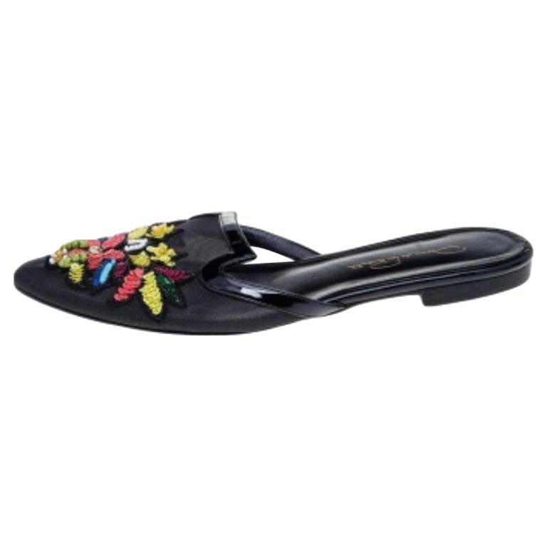 Oscar de la Renta Black Mesh And Patent Leather Embellished Flat Mules Size 37.5