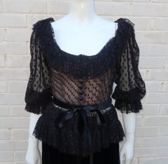 Oscar de La Renta Black Net & Velvet Peplum Peasant Dress, 1980's