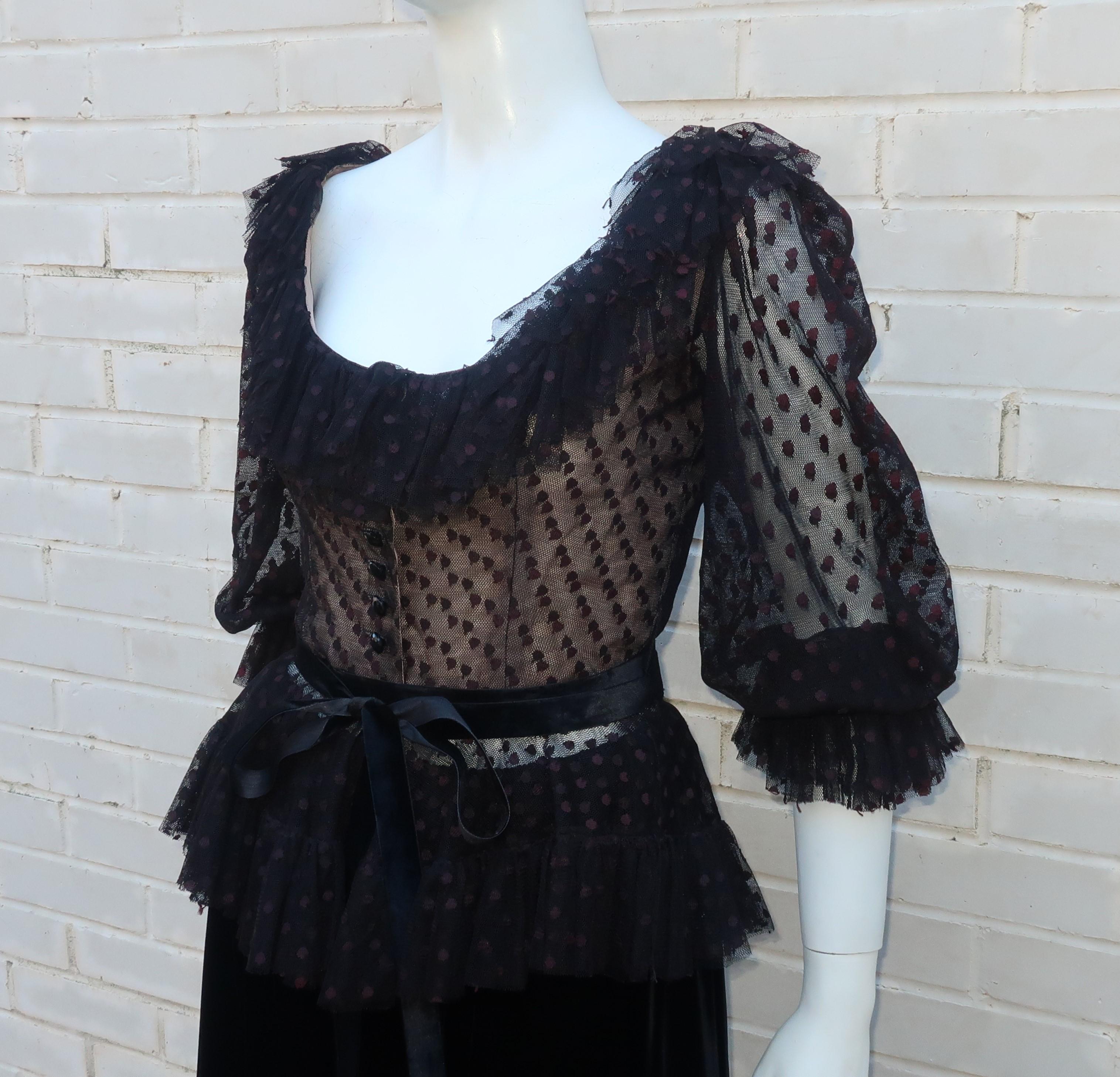 Oscar de La Renta Black Net & Velvet Peplum Peasant Dress, 1980's In Good Condition In Atlanta, GA