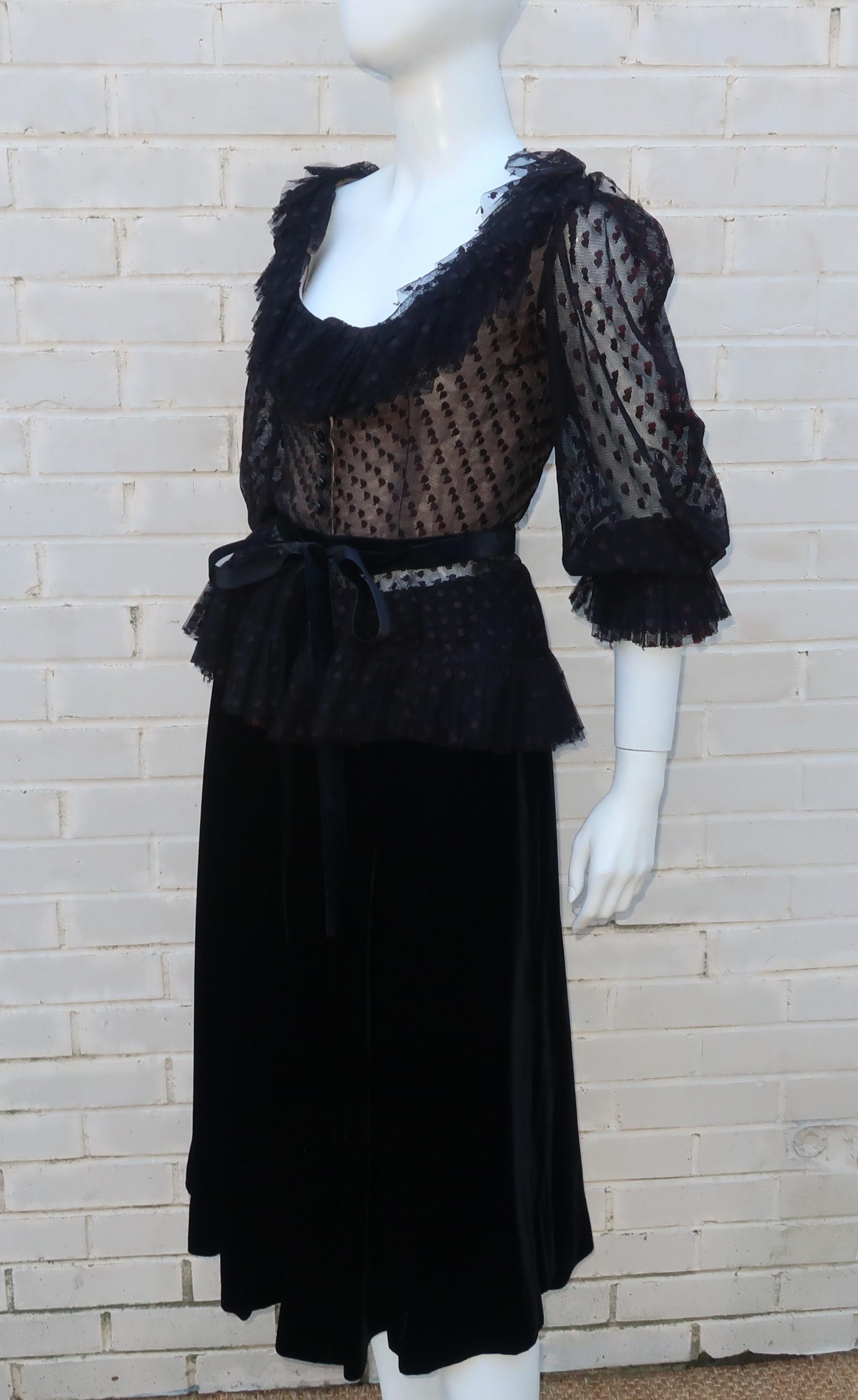 Women's Oscar de La Renta Black Net & Velvet Peplum Peasant Dress, 1980's