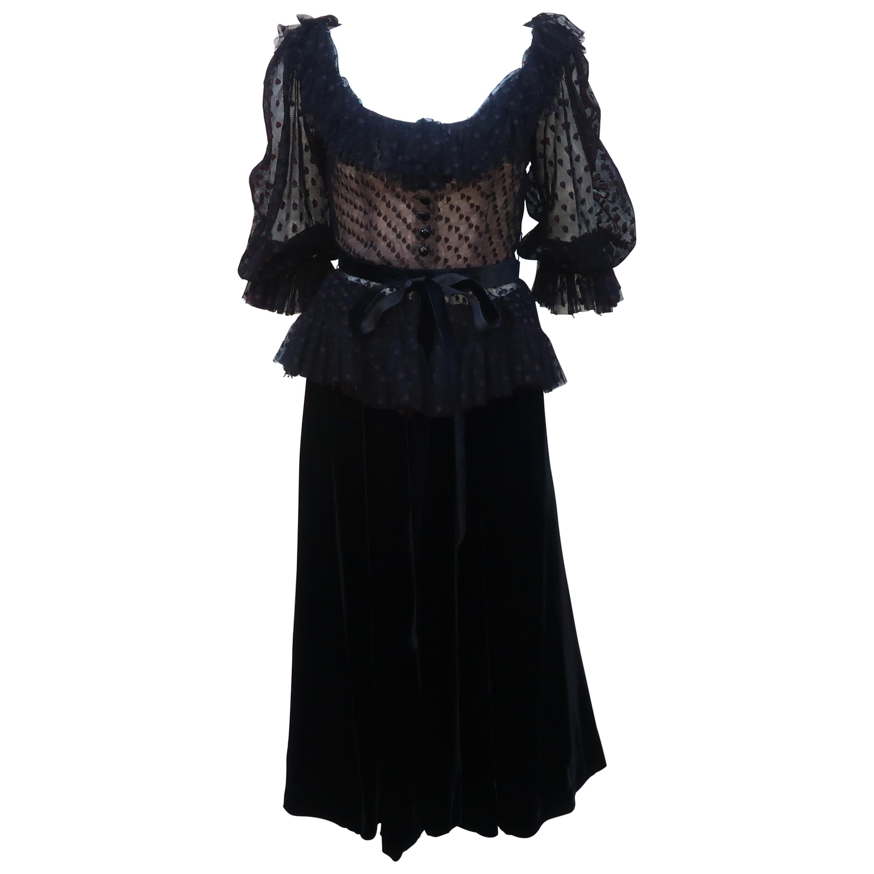 Oscar de La Renta Black Net & Velvet Peplum Peasant Dress, 1980's