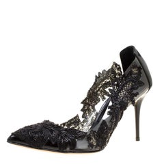 Oscar de la Renta Black Patent Leather and PVC Alyssa Embroidered Pumps Size 38