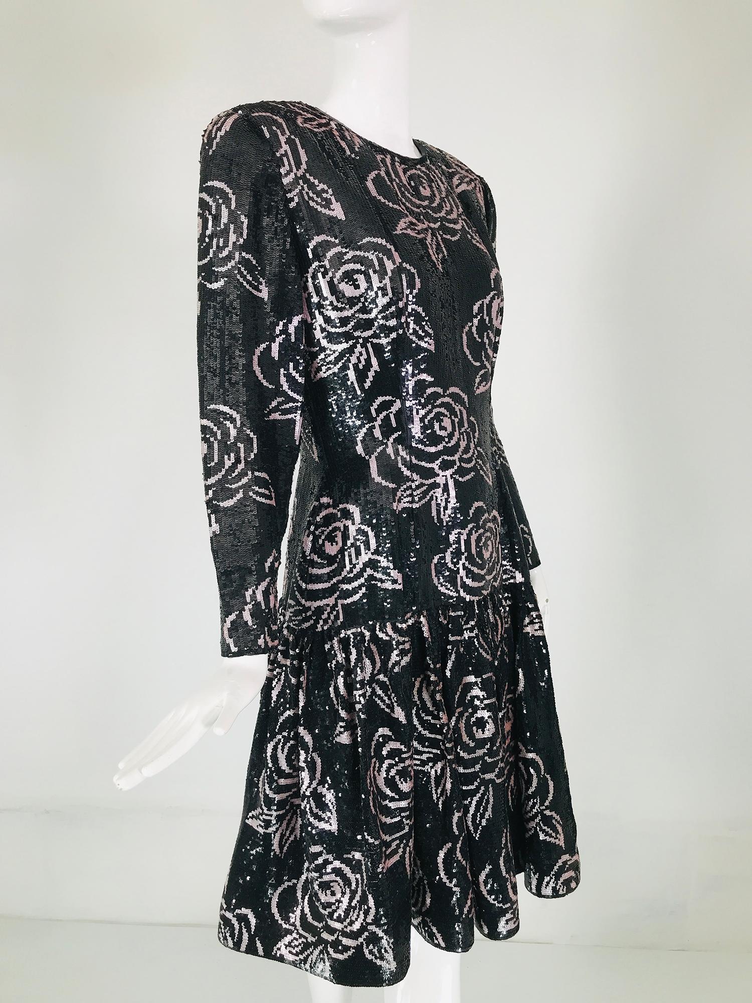 Oscar de la Renta Black & Pink Sequin Encrusted Roses Evening Dress 1980s 7