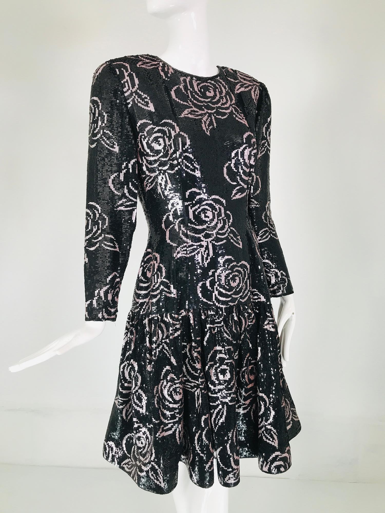 Oscar de la Renta Black & Pink Sequin Encrusted Roses Evening Dress 1980s 8