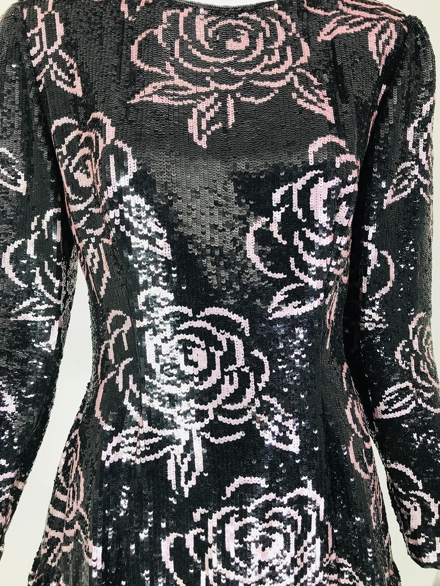 Oscar de la Renta Black & Pink Sequin Encrusted Roses Evening Dress 1980s 9
