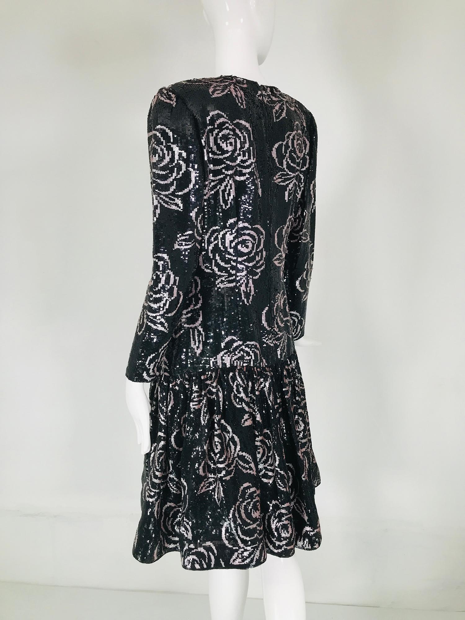 Oscar de la Renta Black & Pink Sequin Encrusted Roses Evening Dress 1980s 1