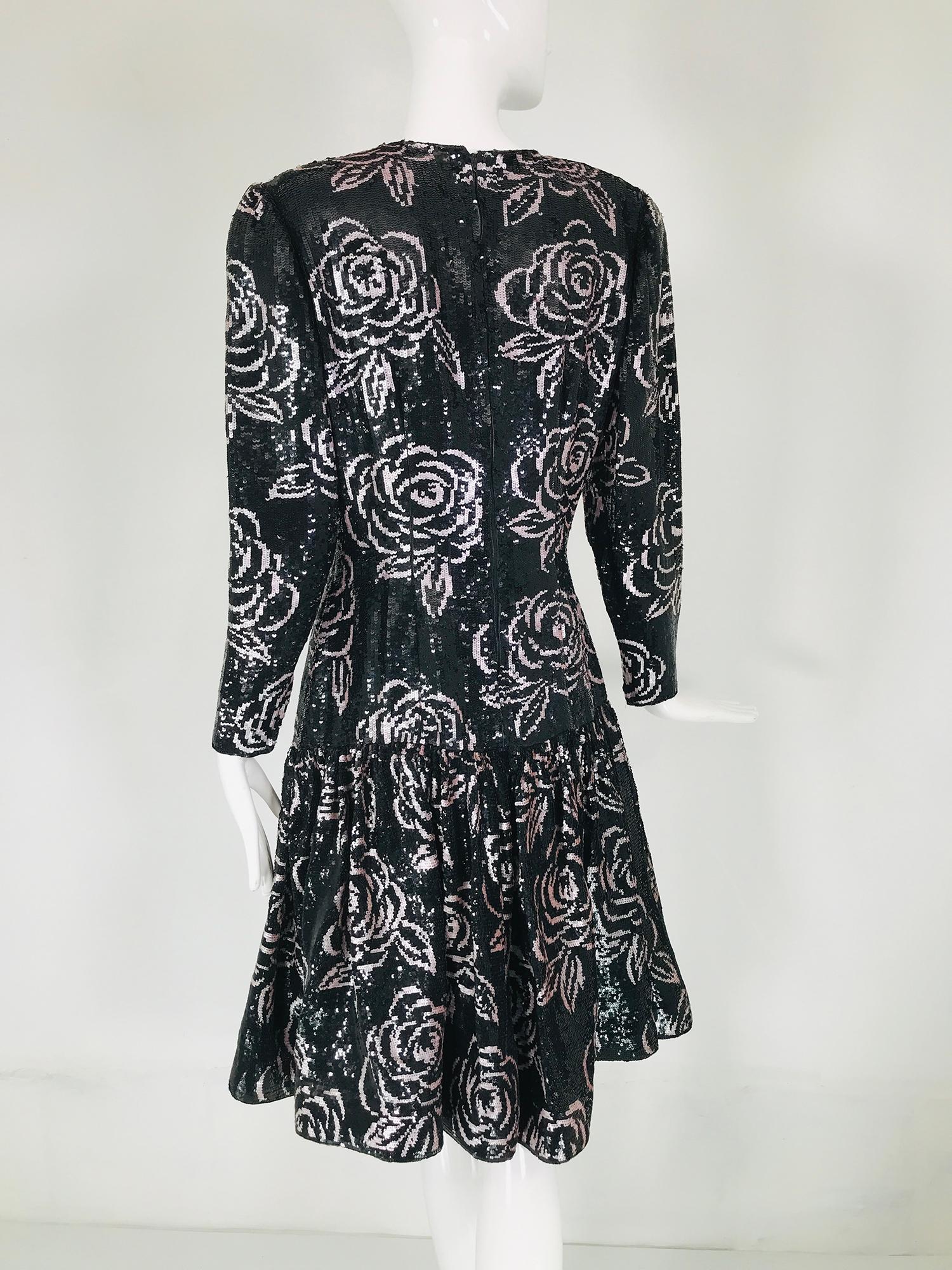 Oscar de la Renta Black & Pink Sequin Encrusted Roses Evening Dress 1980s 2