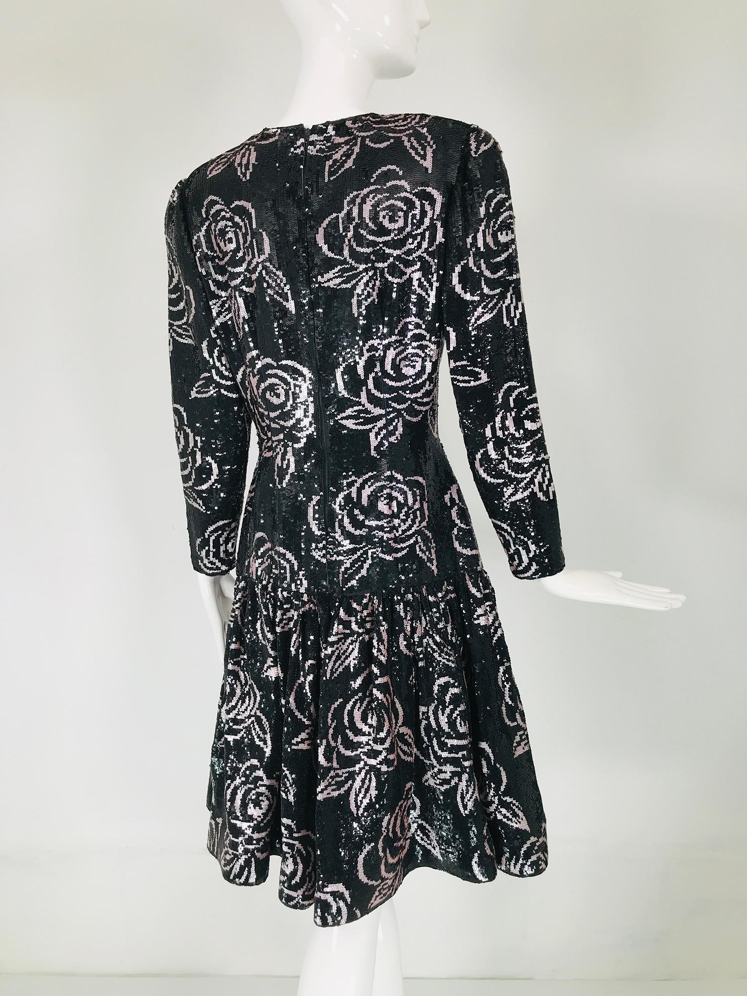 Oscar de la Renta Black & Pink Sequin Encrusted Roses Evening Dress 1980s 4