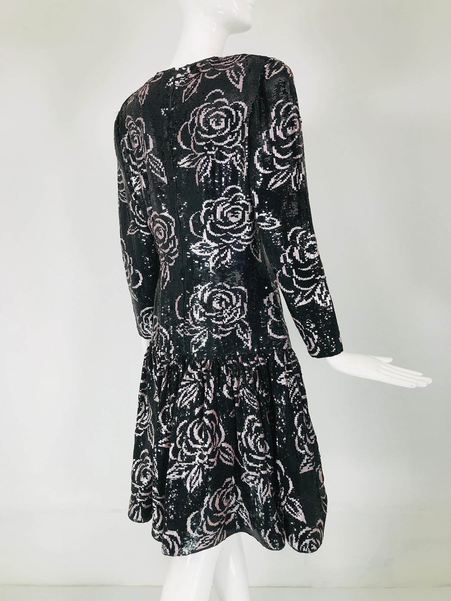 Oscar de la Renta Black & Pink Sequin Encrusted Roses Evening Dress 1980s 5