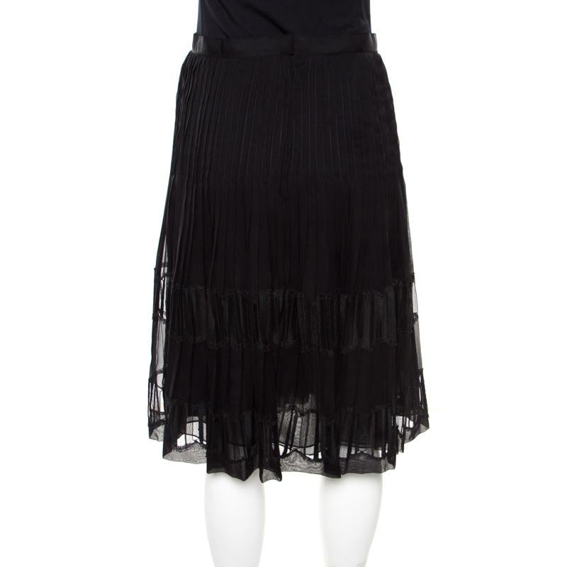 Oscar de la Renta Black Pleated Silk Lace Insert Skirt L In Excellent Condition In Dubai, Al Qouz 2