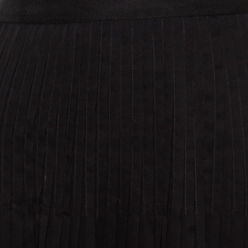 Women's Oscar de la Renta Black Pleated Silk Lace Insert Skirt L