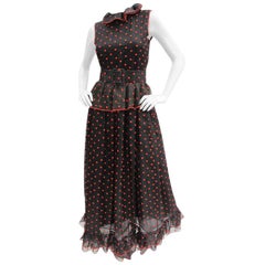 Vintage Oscar de La Renta Black & Red Polka Dot Organza Ruffle Trim Maxi Dress Gown