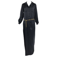 Oscar de la Renta Black Satin At Home Black Satin Button Front Shirt Dress 1970s