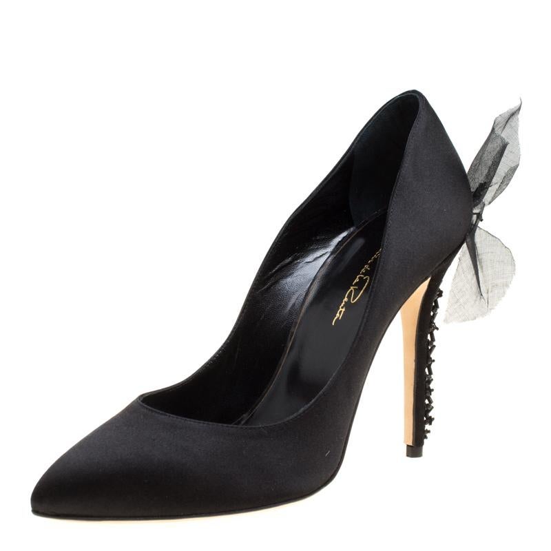 Oscar de la Renta Black Satin Kincy Embellished Heel Pumps Size 38