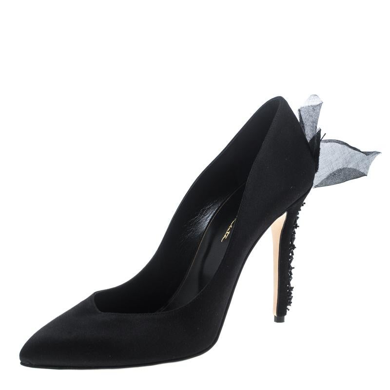 Oscar de la Renta Black Satin Kincy Embellished Heel Pumps Size 39.5