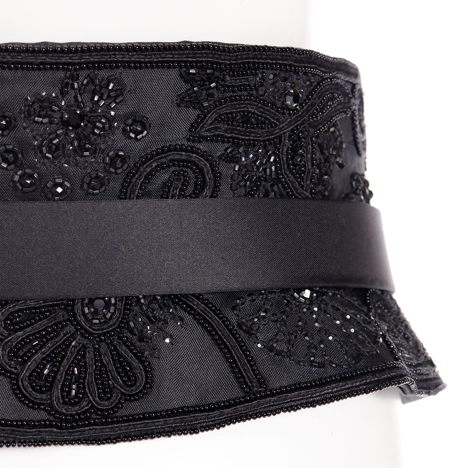 Women's Oscar de la Renta Black Satin & Leather Beaded Corset Style Wide Belt For Sale