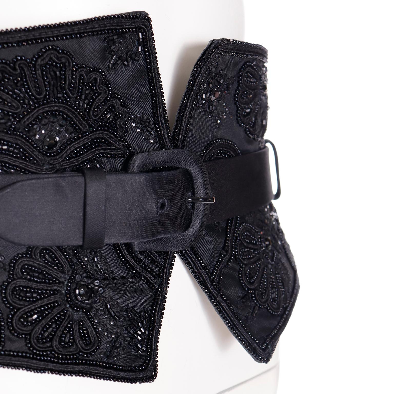 Oscar de la Renta Black Satin & Leather Beaded Corset Style Wide Belt For Sale 1