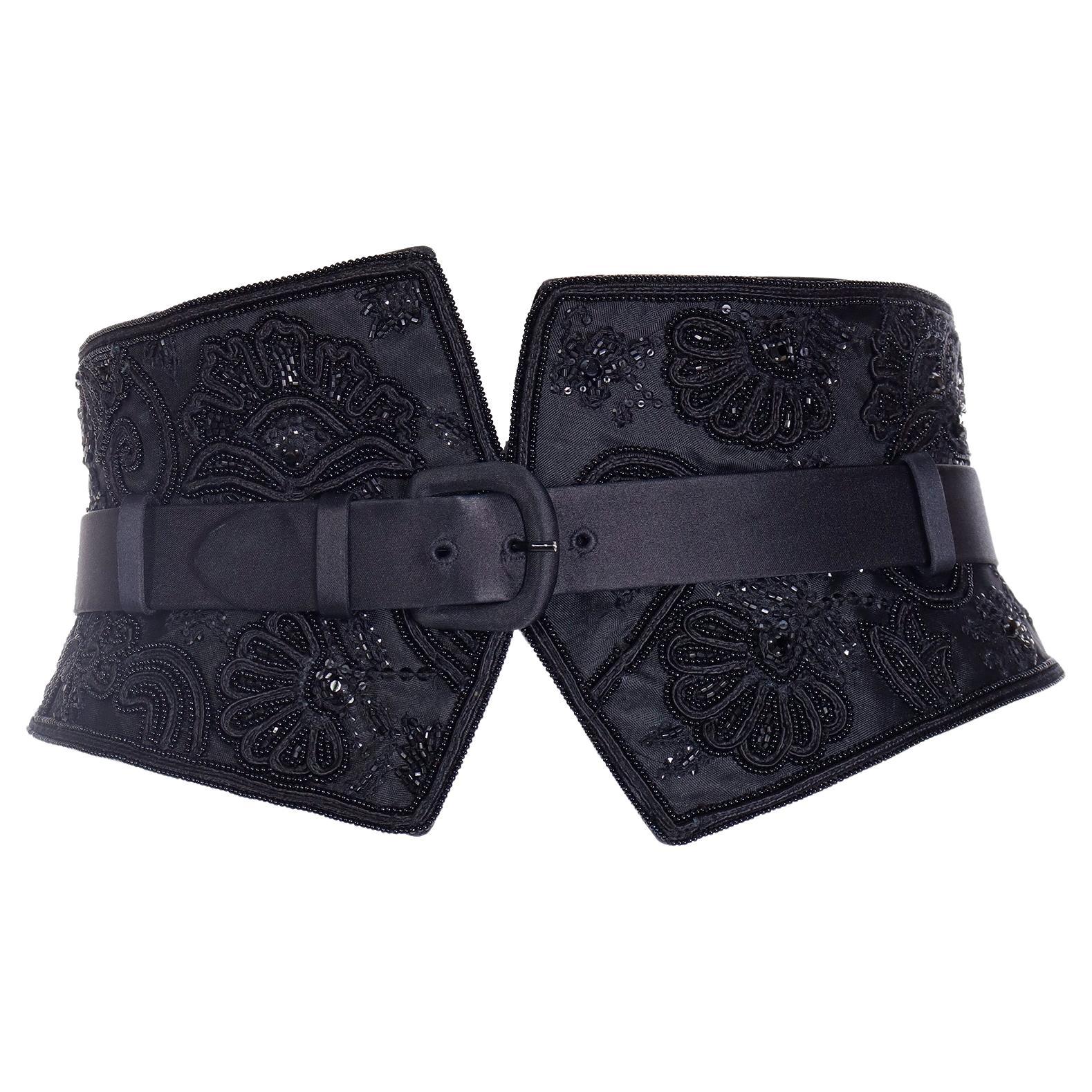Oscar de la Renta Black Satin & Leather Beaded Corset Style Wide Belt For Sale