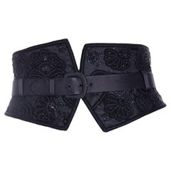 Used Oscar de la Renta Black Satin & Leather Beaded Corset Style Wide Belt