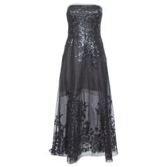 Oscar de la Renta Black Sequin Embellished Mesh Strapless Midi Dress S