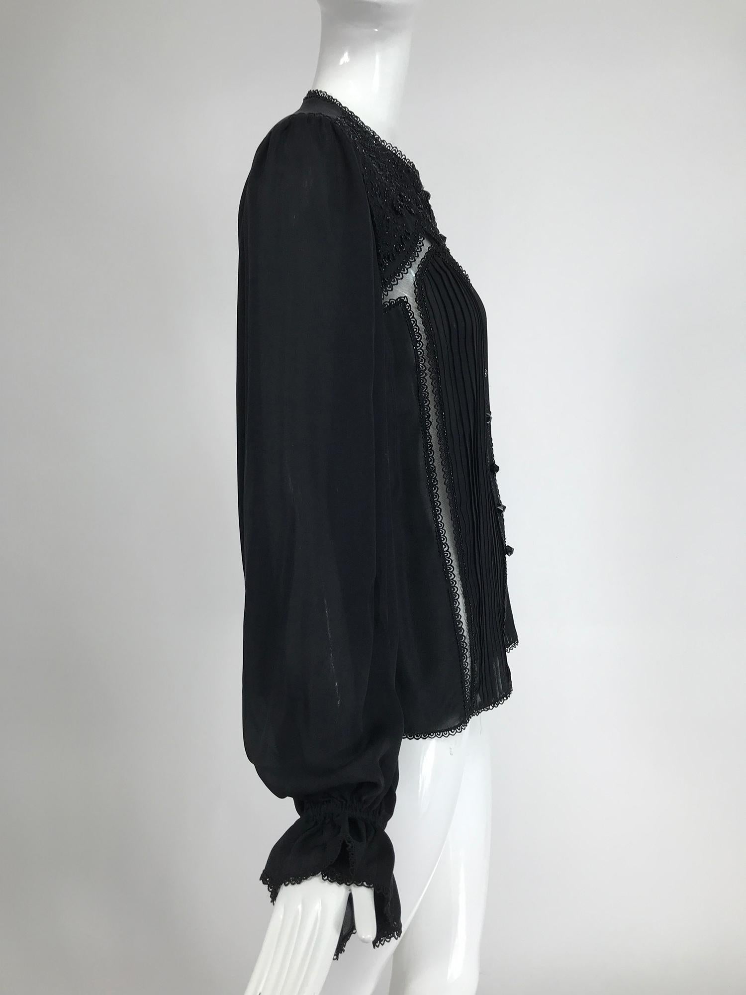 Oscar de la Renta Black Silk Beaded Poet Sleeve Blouse 6
