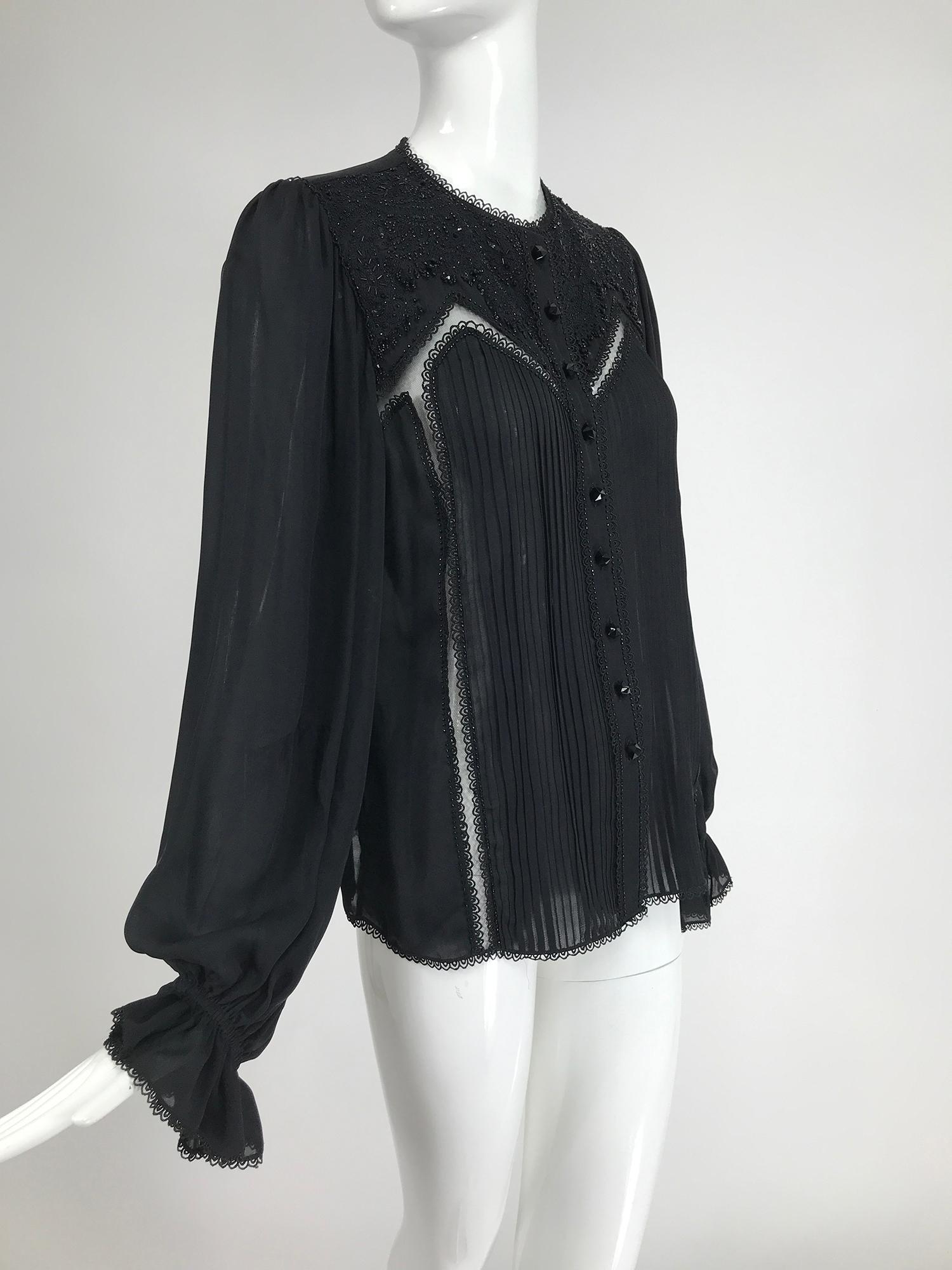 Oscar de la Renta Black Silk Beaded Poet Sleeve Blouse 8