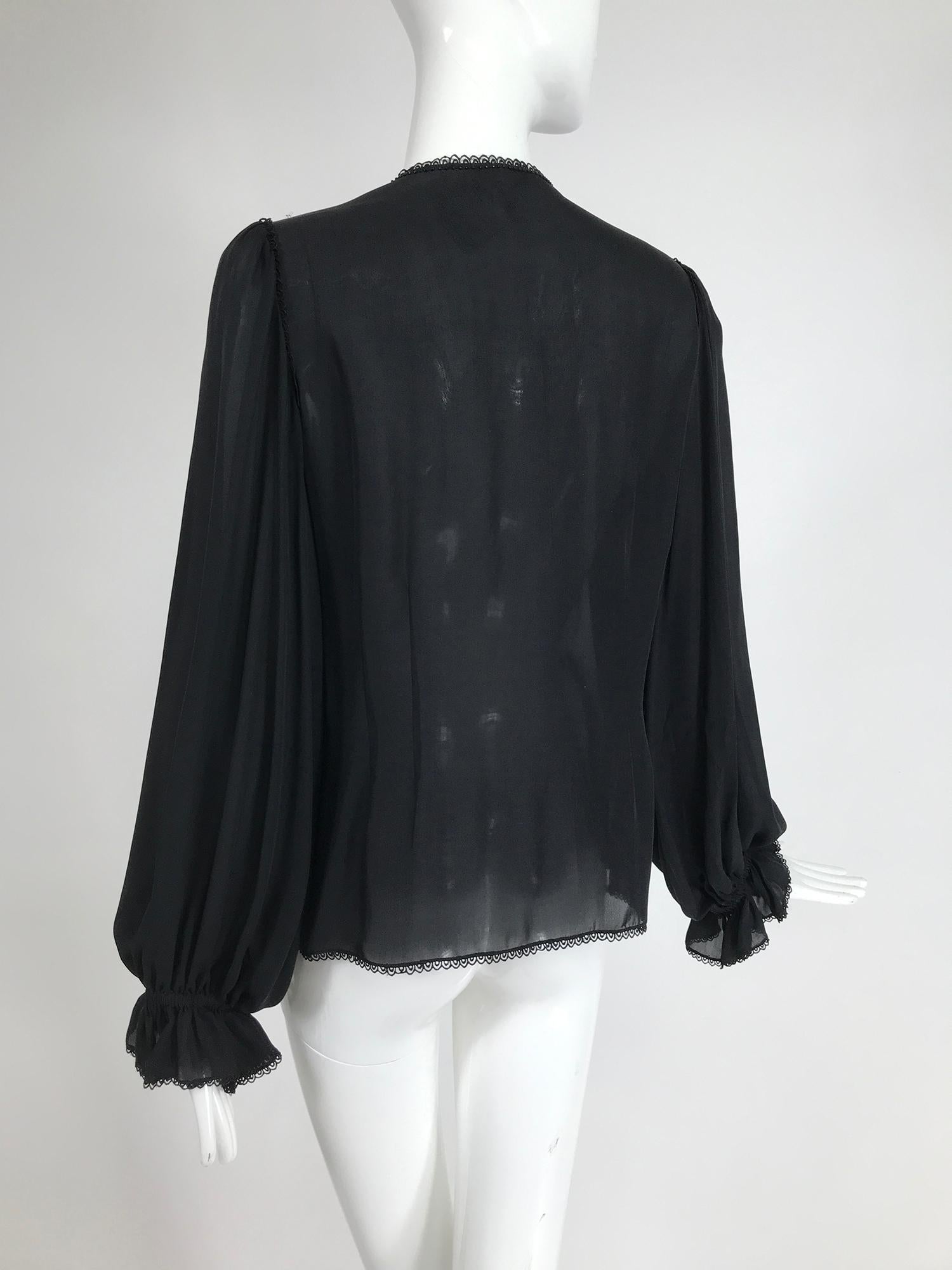 Oscar de la Renta Black Silk Beaded Poet Sleeve Blouse 1