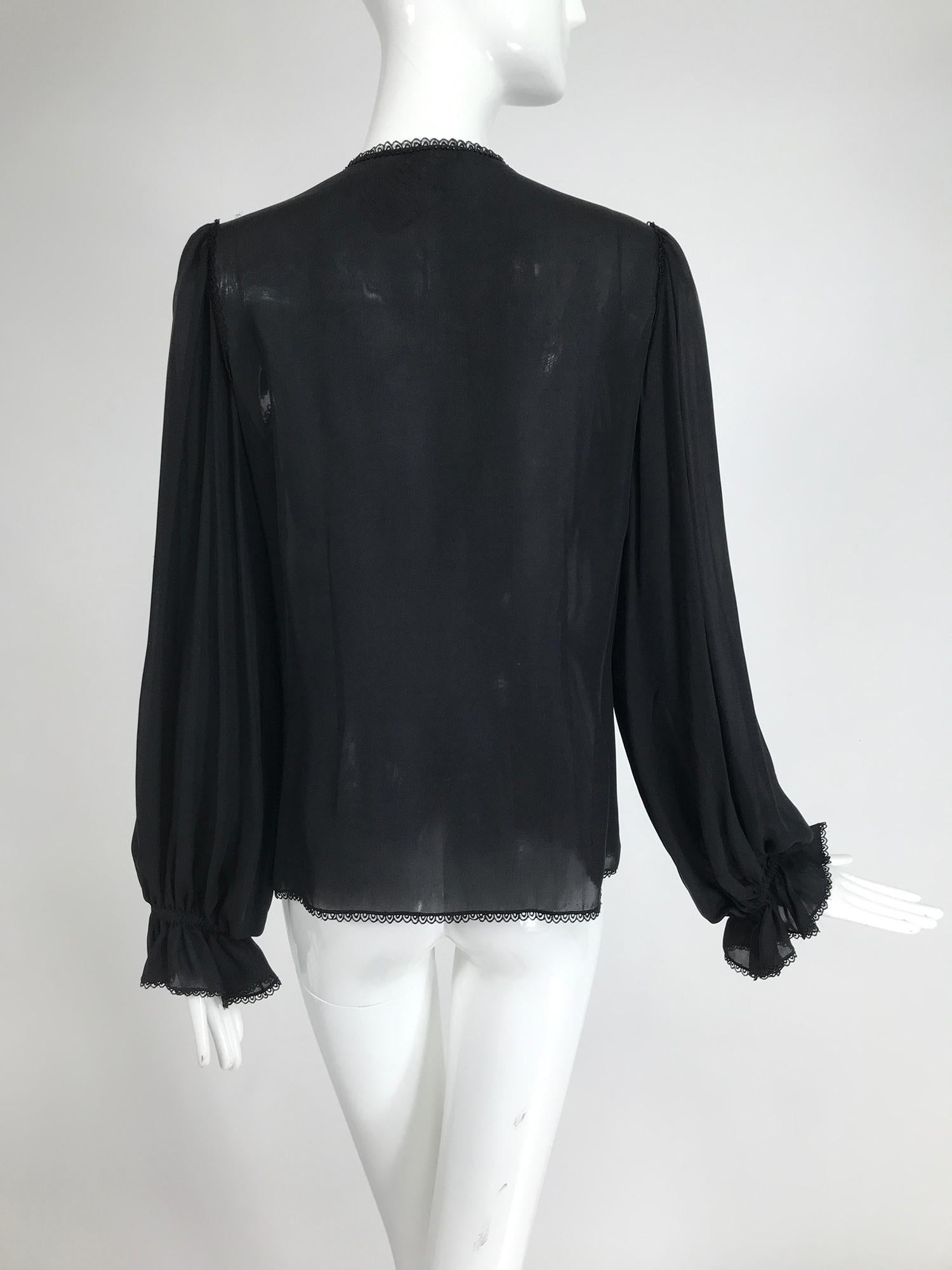 Oscar de la Renta Black Silk Beaded Poet Sleeve Blouse 2