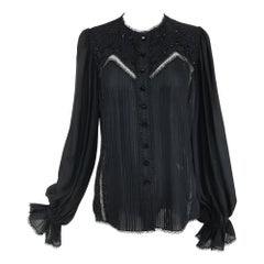 Oscar de la Renta Black Silk Beaded Poet Sleeve Blouse