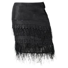 Oscar De La Renta Black Silk Beaded Skirt With Feather Details