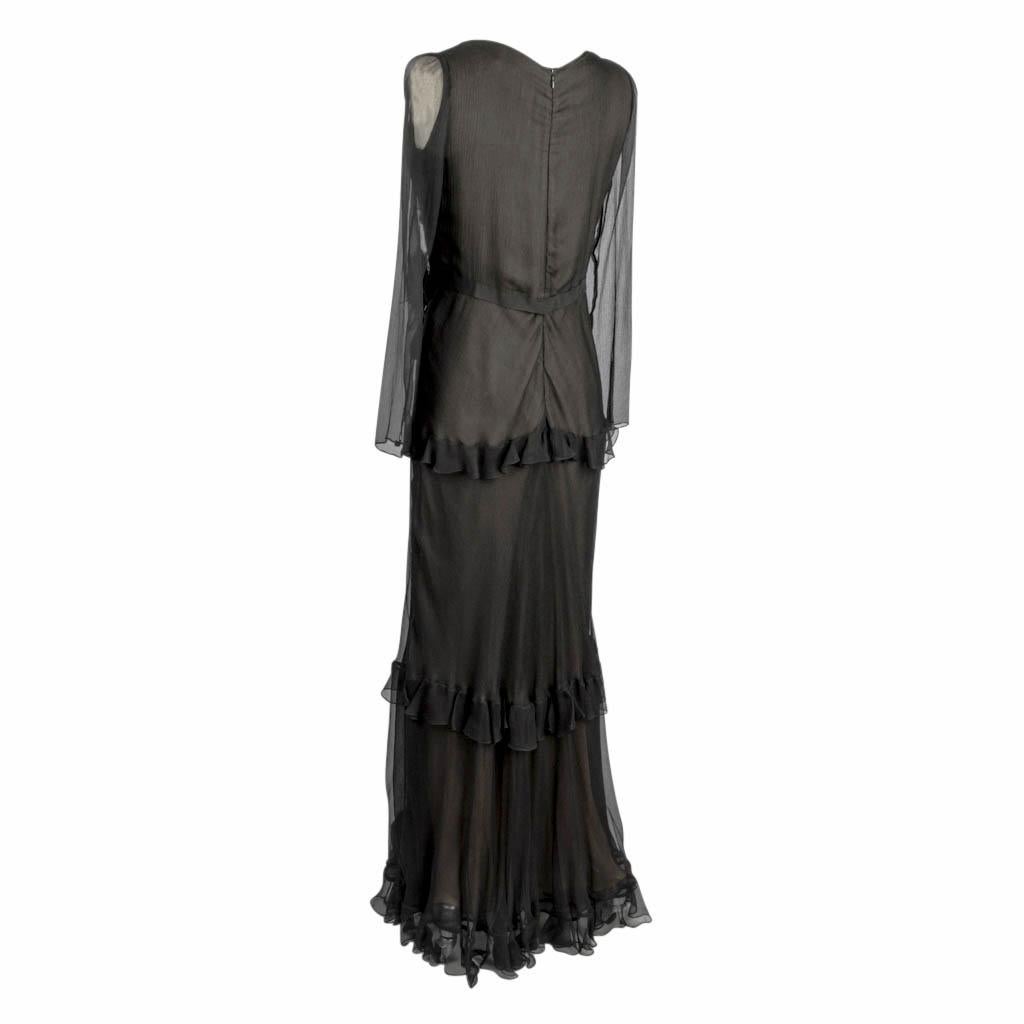 Oscar De La Renta Black Silk Chiffon Ruffle Gown Accentuated by two Flower Pins  6