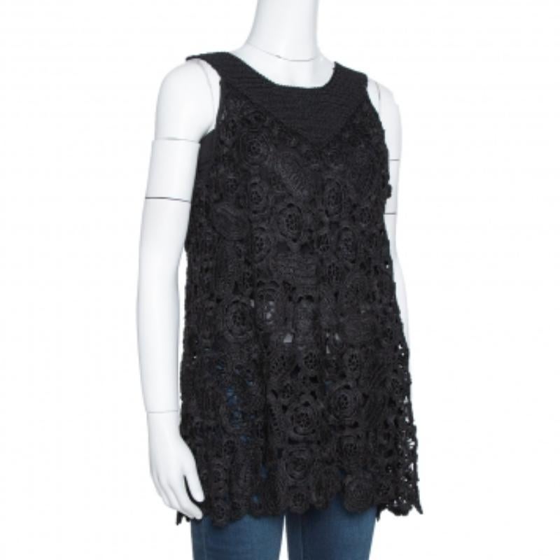 Nero Oscar De La Renta - Top senza maniche in maglia di seta nera all'uncinetto - S in vendita