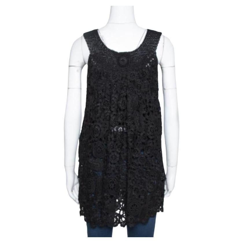 Oscar de la Renta Black Silk Crochet Knit Sleeveless Top S For Sale
