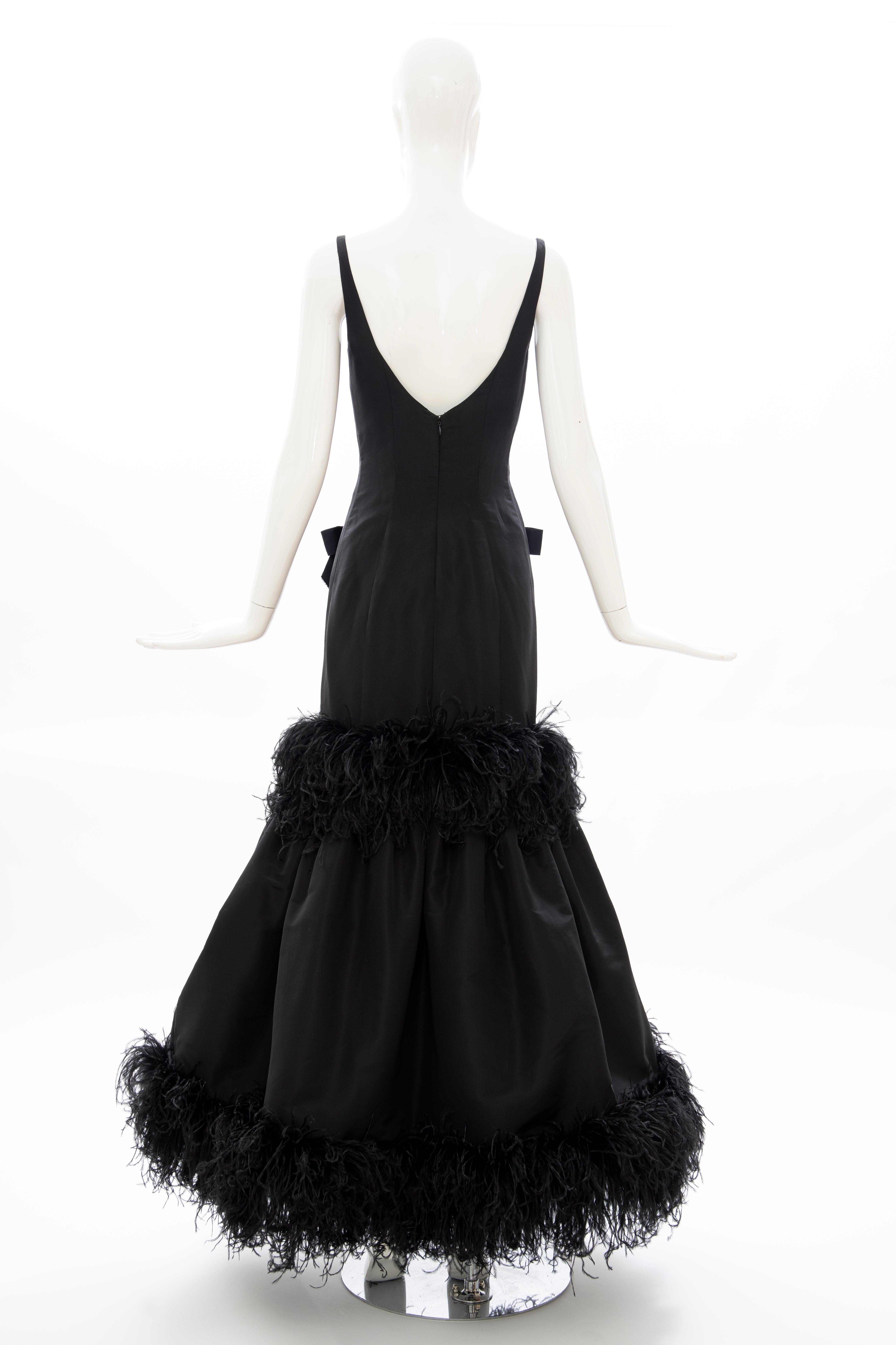Oscar de La Renta Black Silk Faille Embroidered Feathers Evening Dress, Fall 2004 6