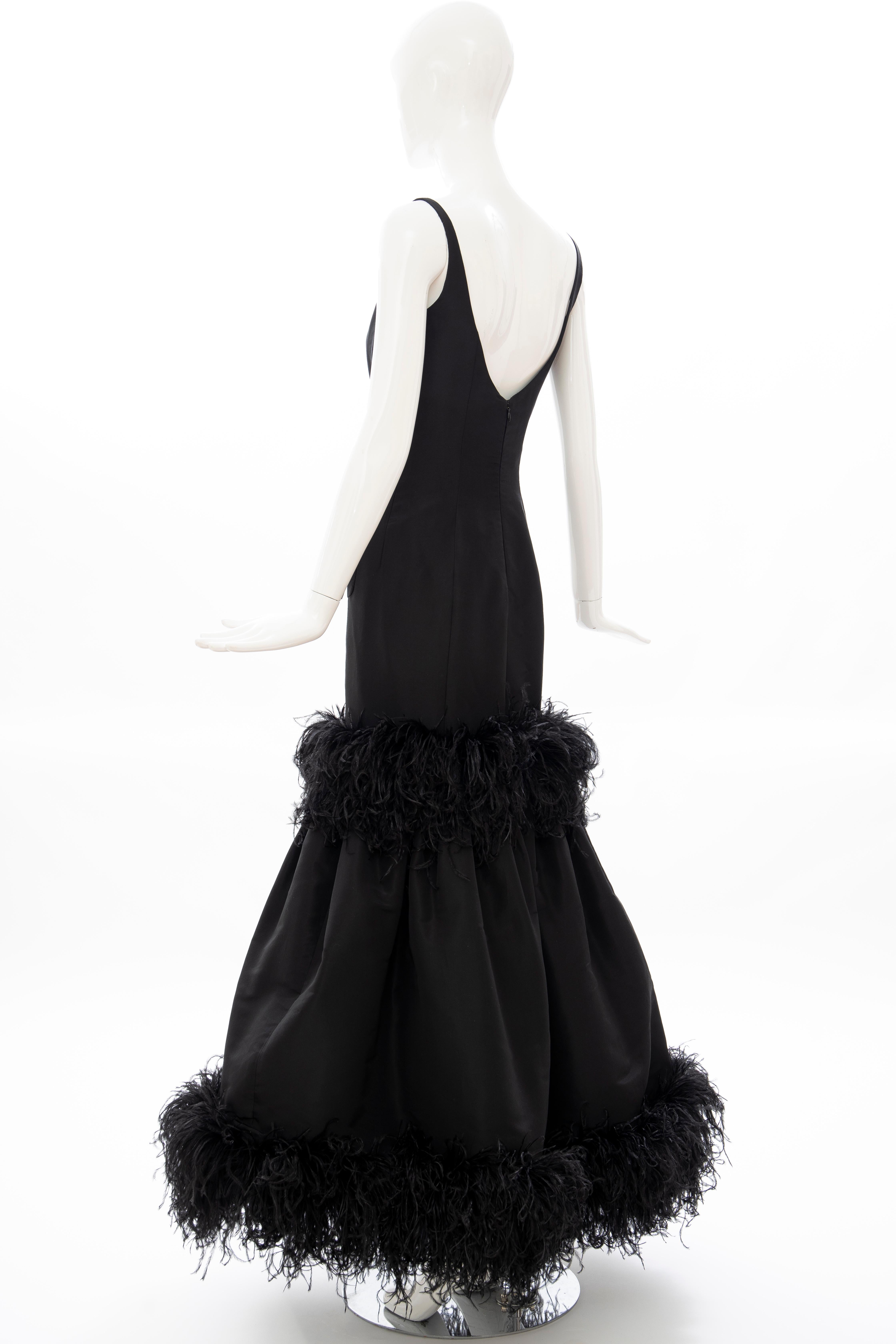 Oscar de La Renta Black Silk Faille Embroidered Feathers Evening Dress, Fall 2004 8
