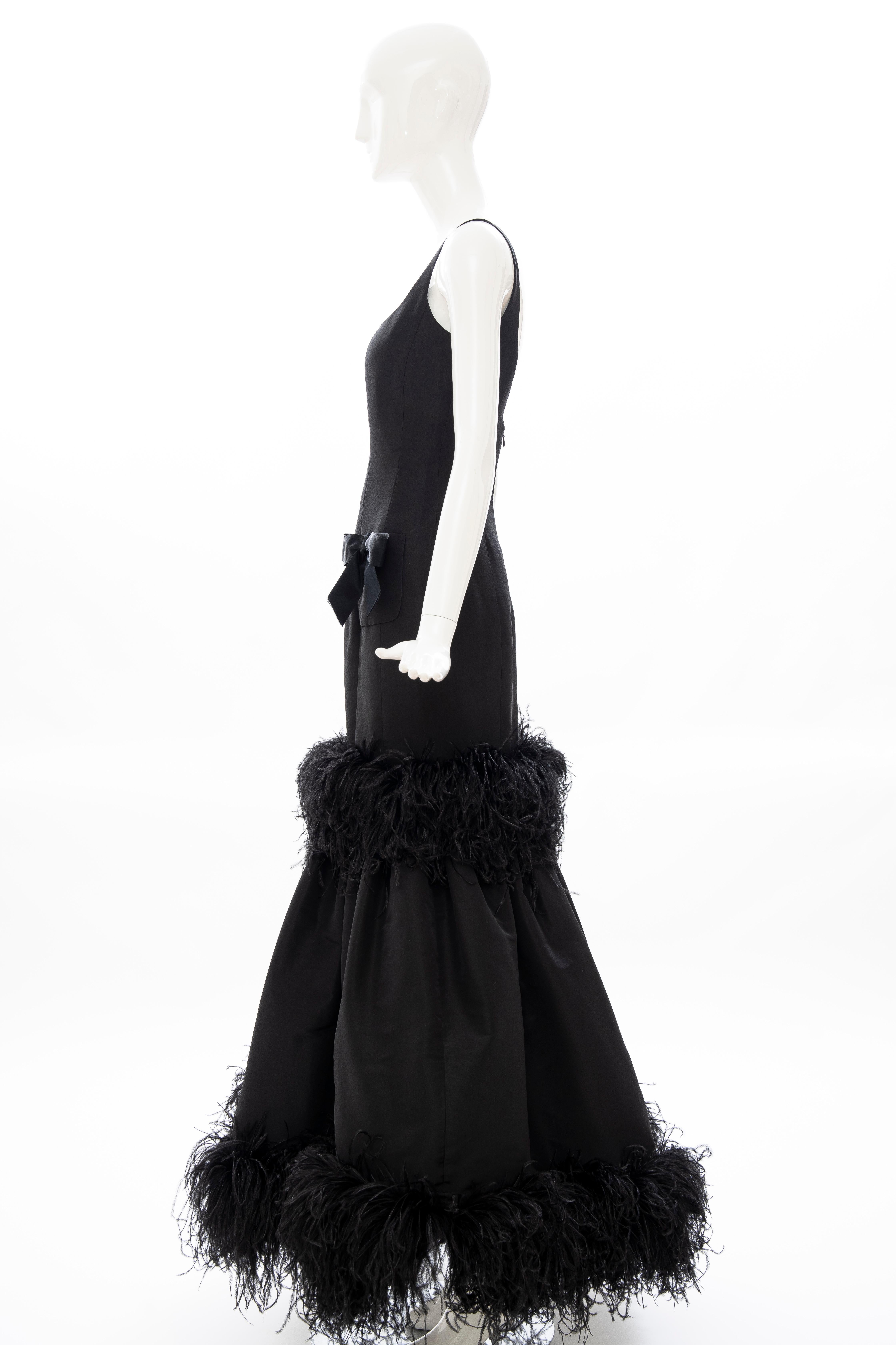 Oscar de La Renta Black Silk Faille Embroidered Feathers Evening Dress, Fall 2004 10