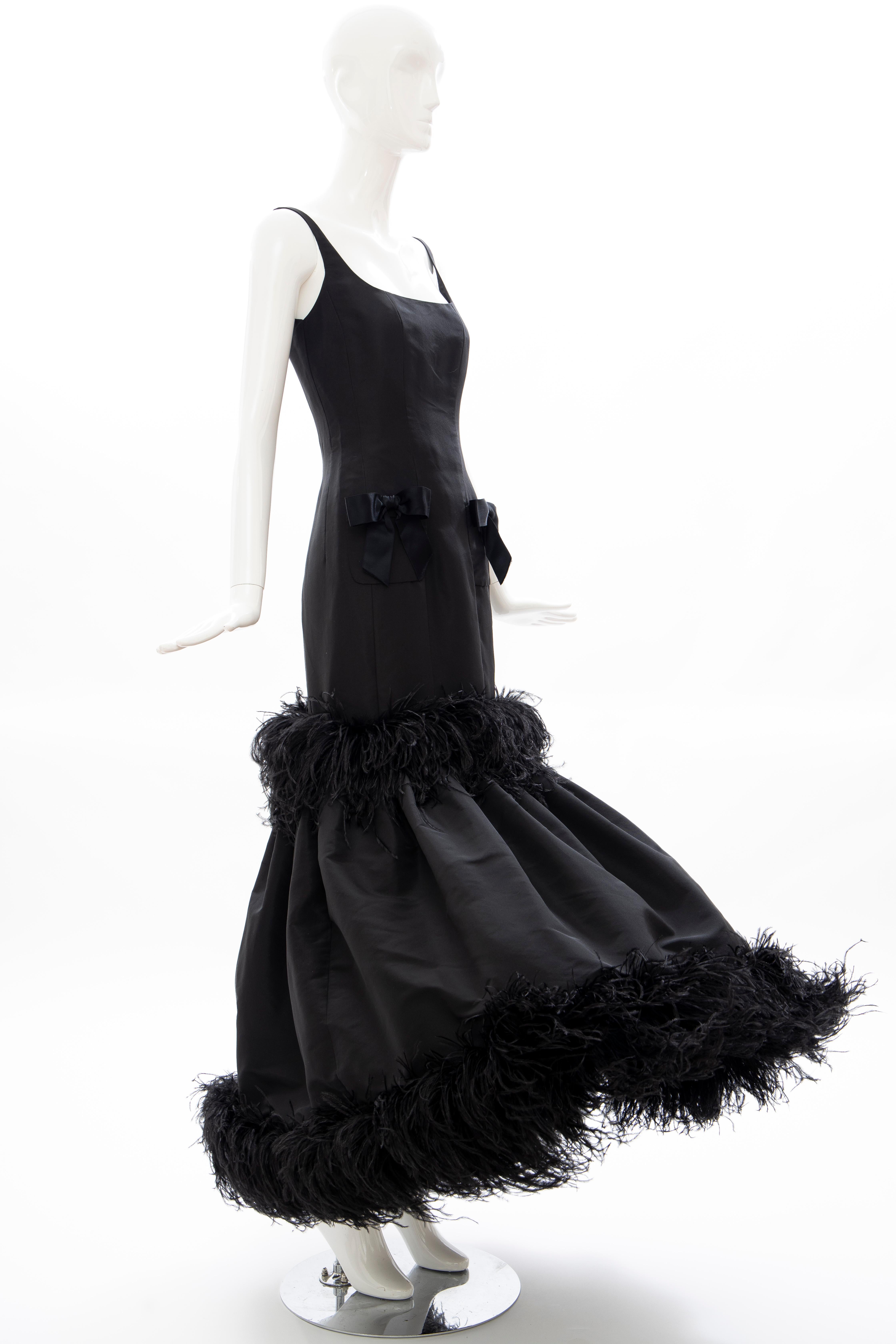 Oscar de La Renta Black Silk Faille Embroidered Feathers Evening Dress, Fall 2004 1