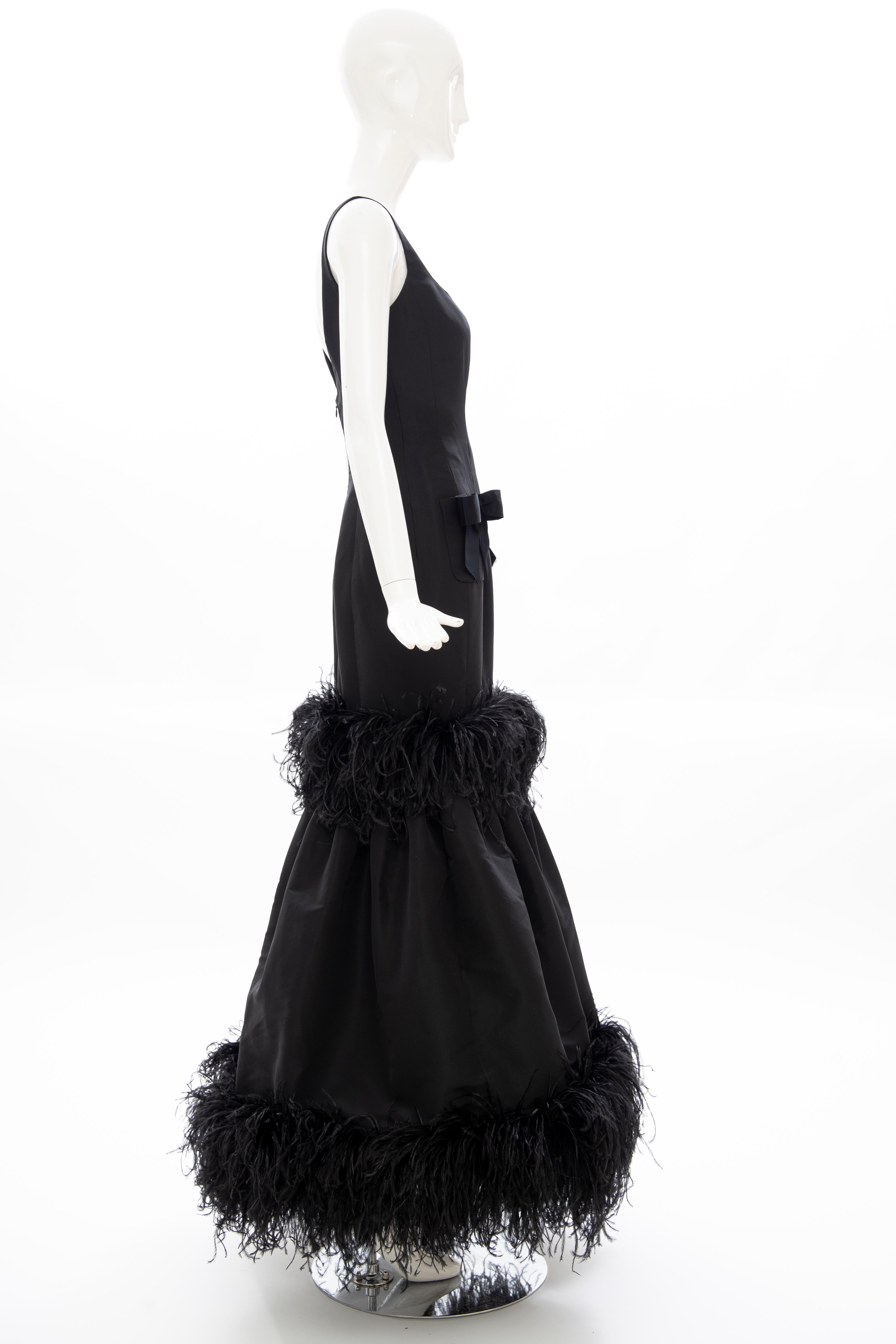 Oscar de La Renta Black Silk Faille Embroidered Feathers Evening Dress, Fall 2004 2