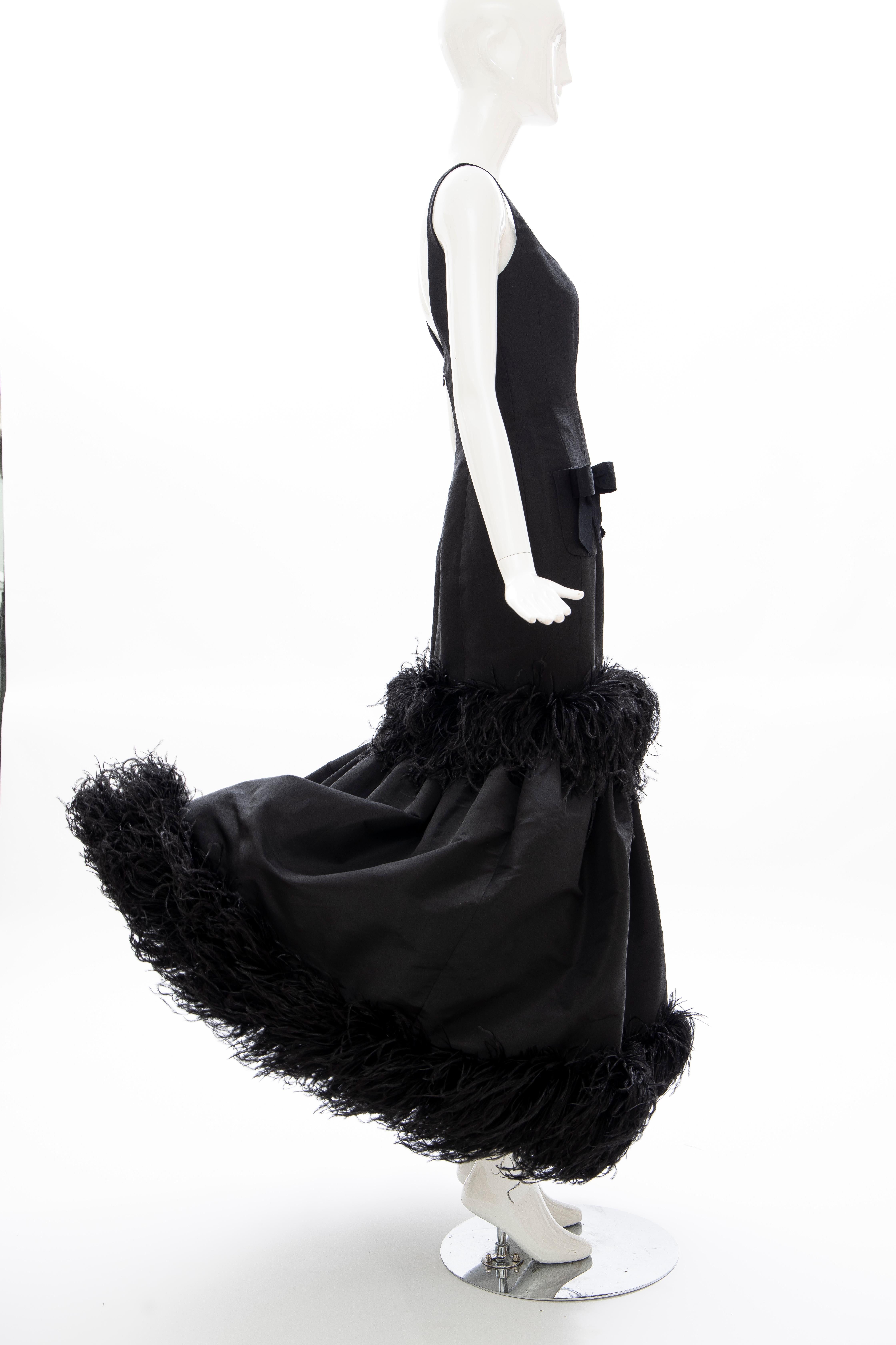 Oscar de La Renta Black Silk Faille Embroidered Feathers Evening Dress, Fall 2004 3