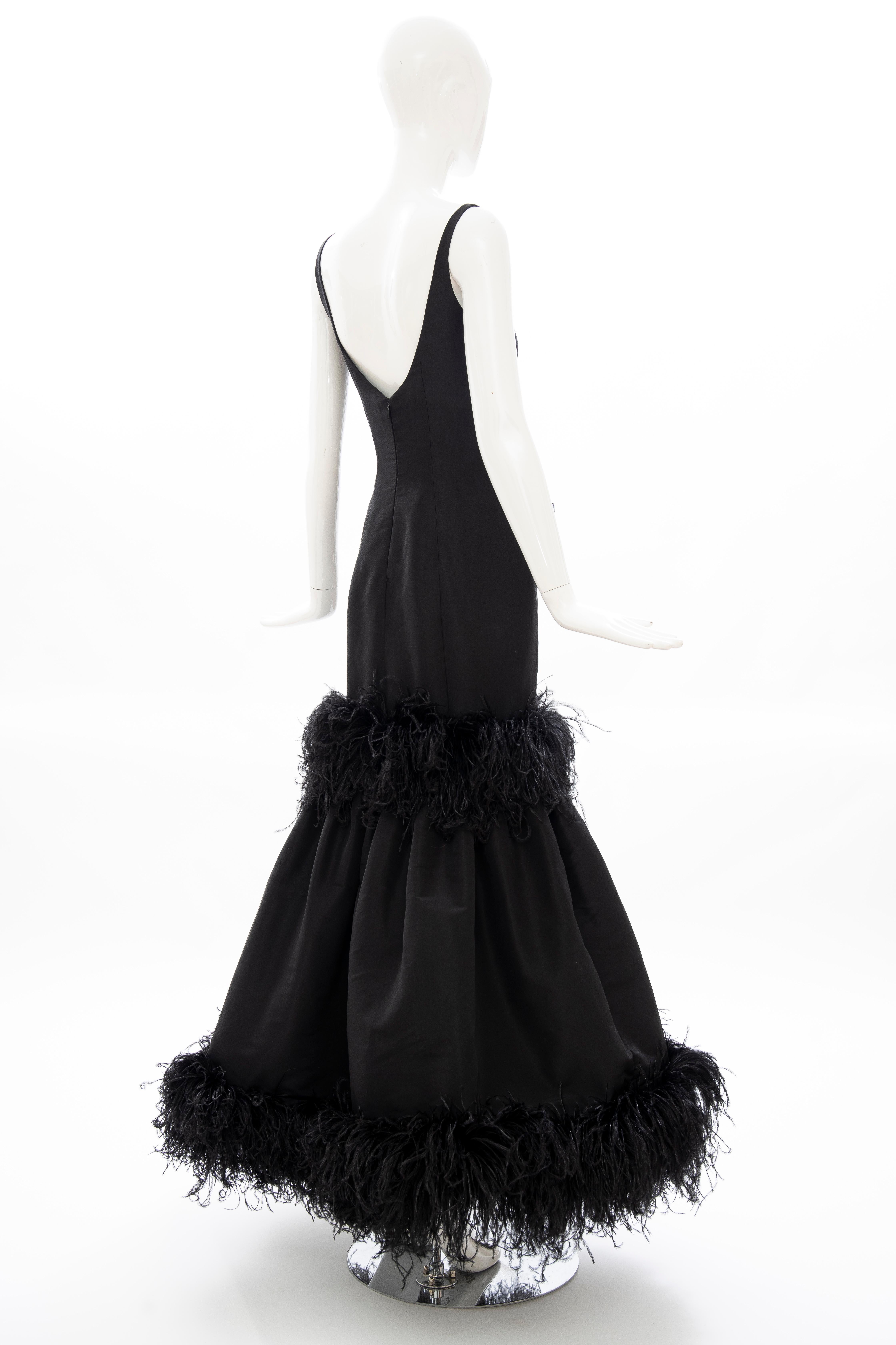 Oscar de La Renta Black Silk Faille Embroidered Feathers Evening Dress, Fall 2004 4
