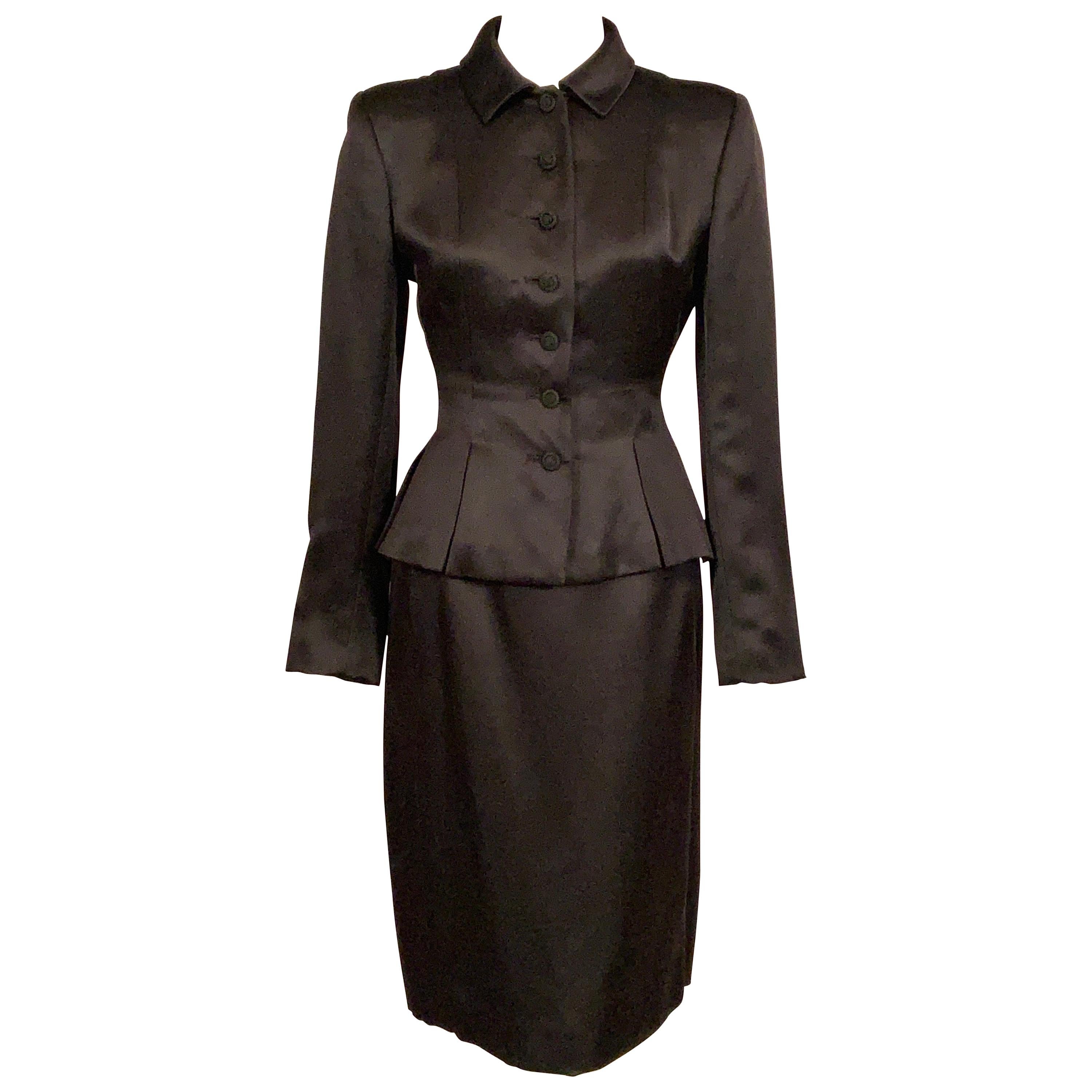 Oscar de la Renta Black Silk Satin Skirt Suit with Pleated Peplum