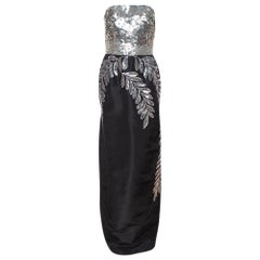 Oscar de la Renta Black Silk Sequin Embellished Strapless Gown L