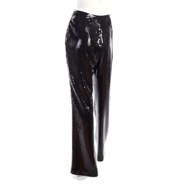 Oscar de la Renta Black Silk Sequin Evening Pants Size 10 For Sale at ...