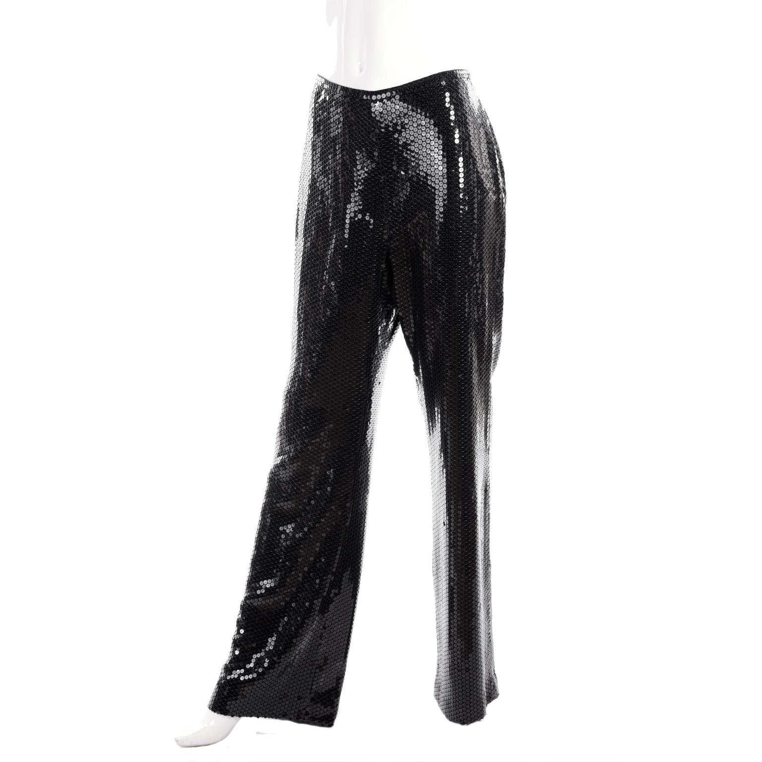 Oscar de la Renta Black Silk Sequin Evening Pants Size 10 In Good Condition For Sale In Portland, OR