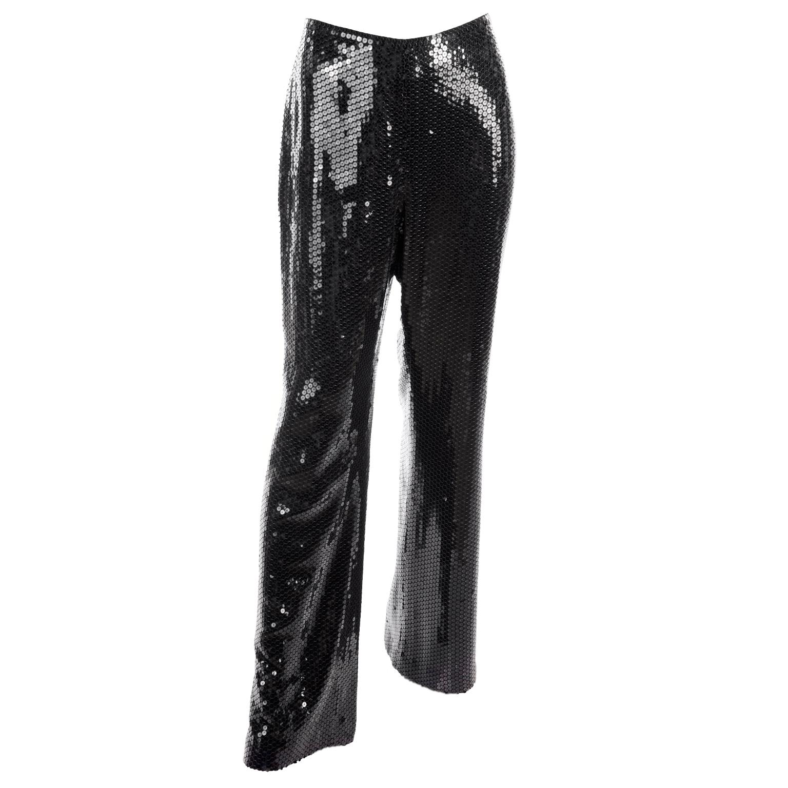 Oscar de la Renta Black Silk Sequin Evening Pants Size 10 For Sale