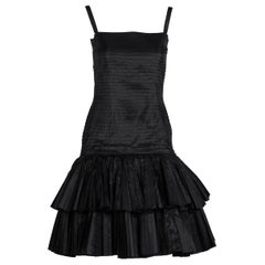 Retro Oscar de la Renta Black Silk Taffeta Pleated Ruffle Cocktail Dress, 1980s