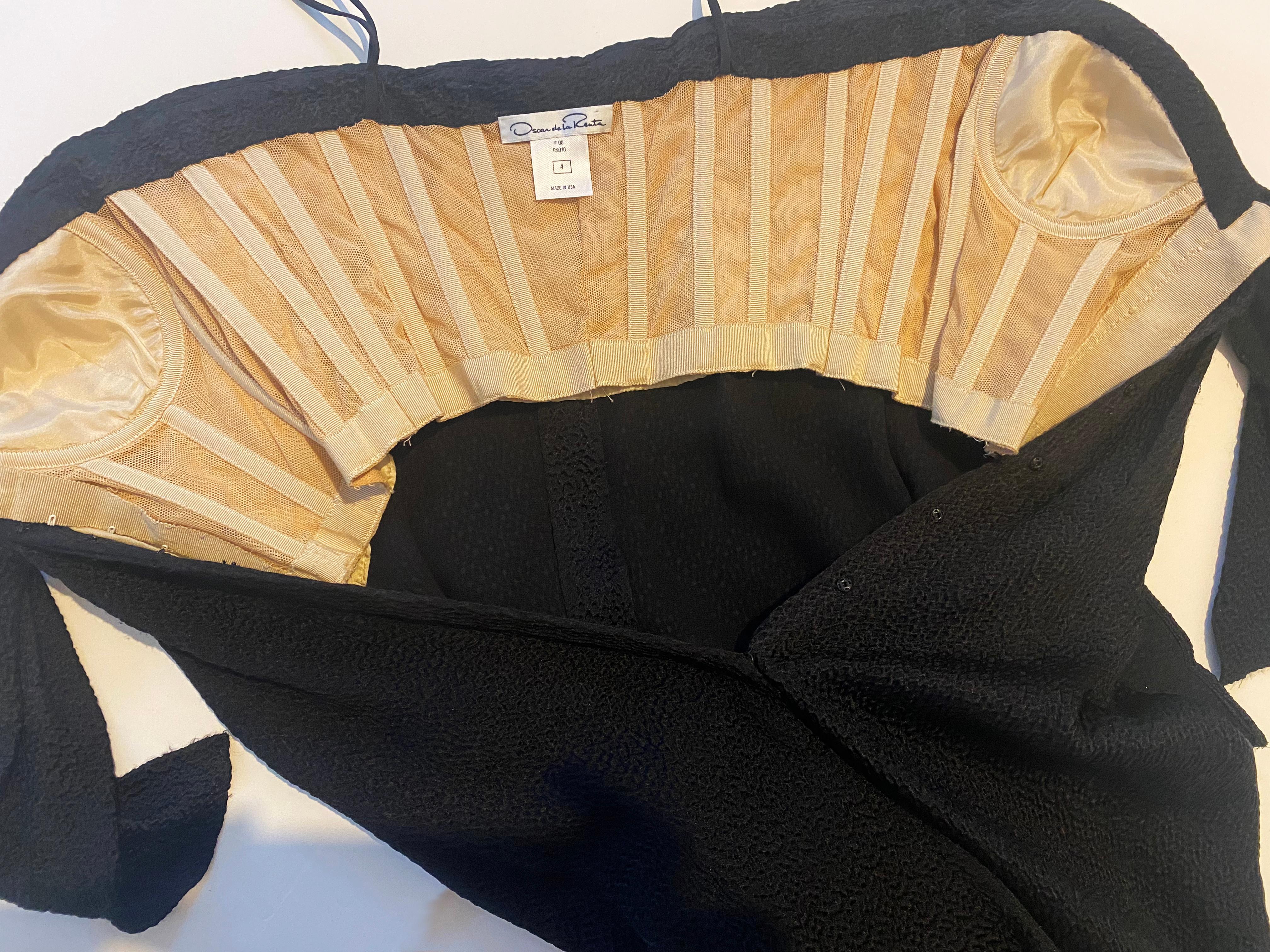 Oscar de la Renta black silk textured strapless tie corset bustier midi dress For Sale 7