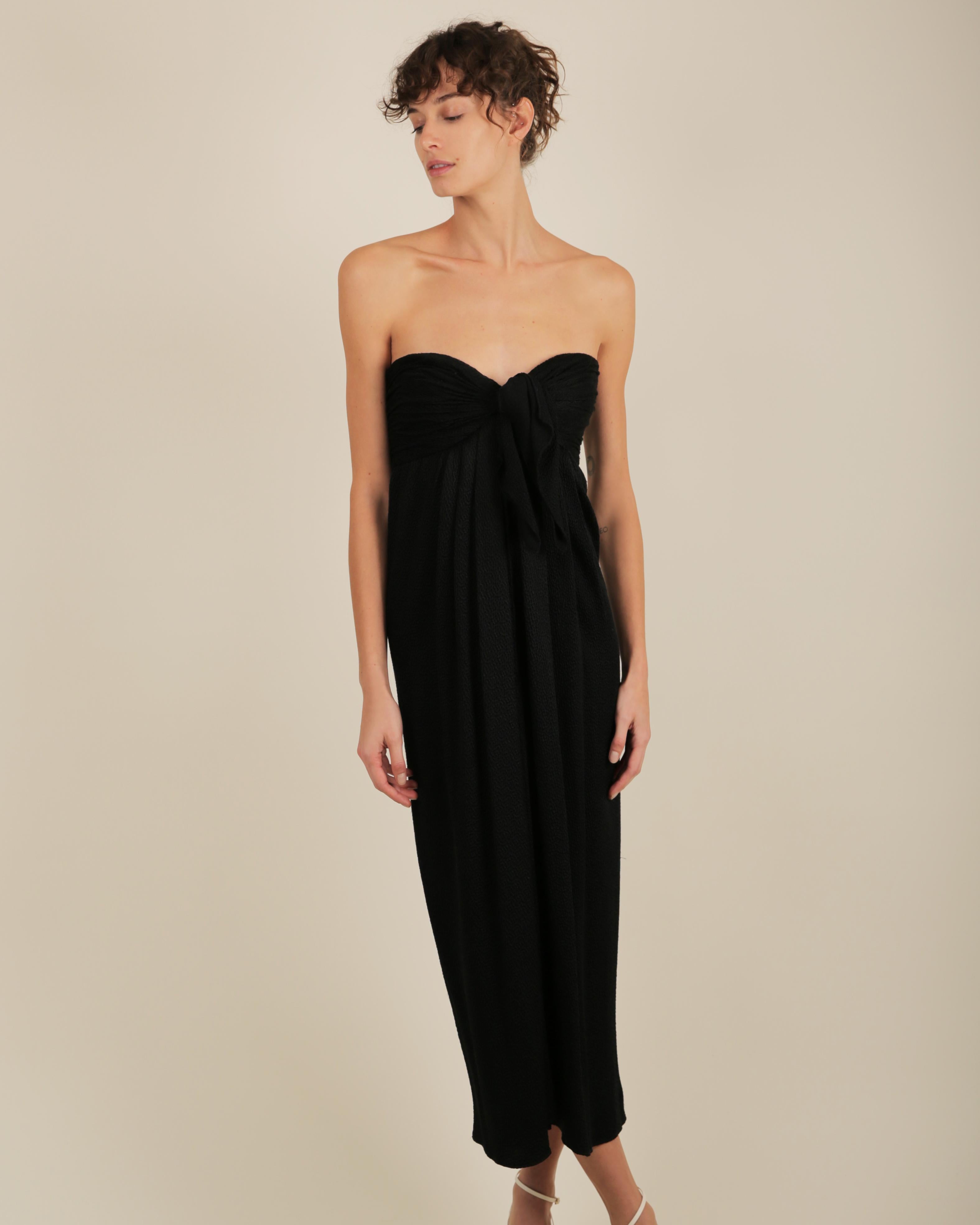 Oscar de la Renta black silk textured strapless tie corset bustier midi dress In Good Condition For Sale In Paris, FR